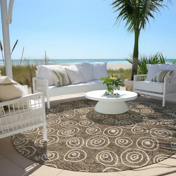 8' Brown Taupe And Beige Round Geometric Washable Indoor Outdoor Area Rug