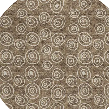 8' Brown Taupe And Beige Round Geometric Washable Indoor Outdoor Area Rug