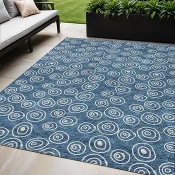 5' X 8' Navy Blue And Ivory Geometric Washable Indoor Outdoor Area Rug