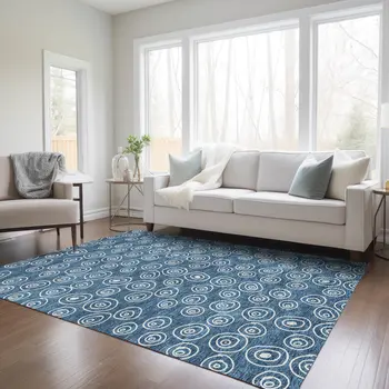5' X 8' Navy Blue And Ivory Geometric Washable Indoor Outdoor Area Rug