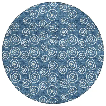 8' Navy Blue And Ivory Round Geometric Washable Indoor Outdoor Area Rug