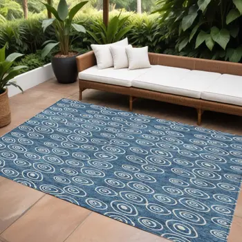 8' X 10' Navy Blue And Ivory Geometric Washable Indoor Outdoor Area Rug