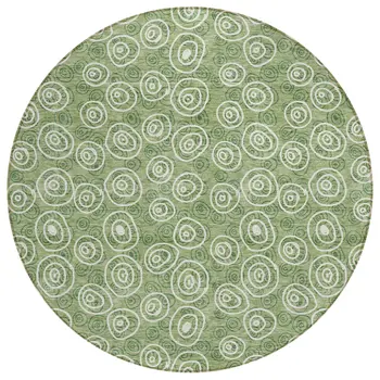8' Green And Ivory Round Geometric Washable Indoor Outdoor Area Rug