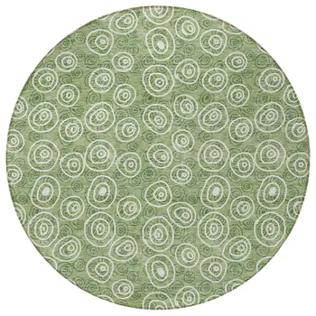 8' Green And Ivory Round Geometric Washable Indoor Outdoor Area Rug