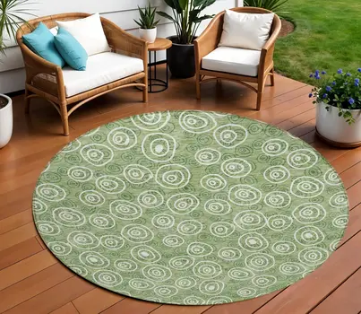 8' Green And Ivory Round Geometric Washable Indoor Outdoor Area Rug