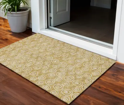 3' X 5' Gold Beige And Ivory Geometric Washable Indoor Outdoor Area Rug