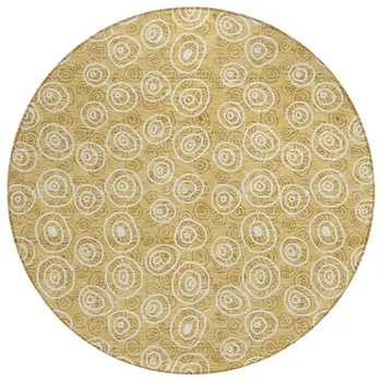8' Gold Beige And Ivory Round Geometric Washable Indoor Outdoor Area Rug