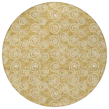 8' Gold Beige And Ivory Round Geometric Washable Indoor Outdoor Area Rug