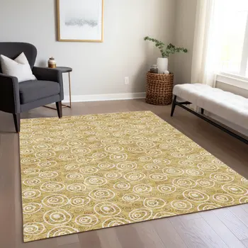 8' X 10' Gold Beige And Ivory Geometric Washable Indoor Outdoor Area Rug