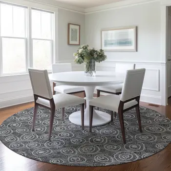 8' Gray Charcoal And Silver Round Geometric Washable Indoor Outdoor Area Rug