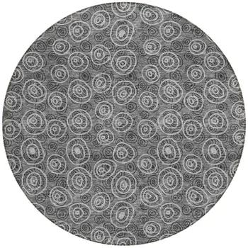 8' Gray Charcoal And Silver Round Geometric Washable Indoor Outdoor Area Rug