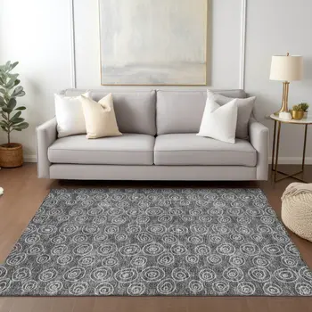 8' X 10' Gray Charcoal And Silver Geometric Washable Indoor Outdoor Area Rug