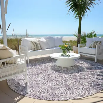8' Lavender Purple And Ivory Round Geometric Washable Indoor Outdoor Area Rug