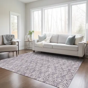 9' X 12' Lavender Purple And Ivory Geometric Washable Indoor Outdoor Area Rug