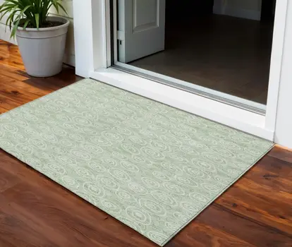 3' X 5' Mint Green Artichoke Green And Ivory Geometric Washable Indoor Outdoor Area Rug