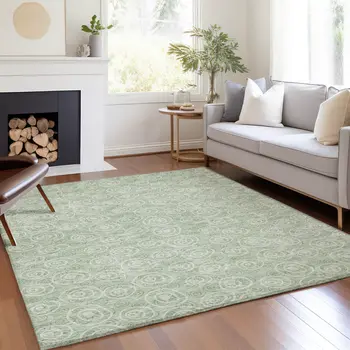 3' X 5' Mint Green Artichoke Green And Ivory Geometric Washable Indoor Outdoor Area Rug
