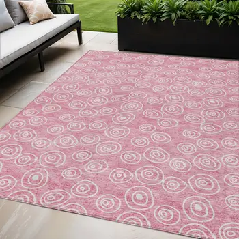 5' X 8' Pink And Ivory Geometric Washable Indoor Outdoor Area Rug
