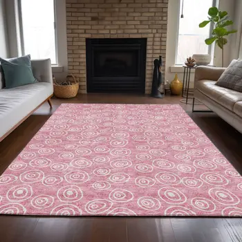 10' X 14' Pink And Ivory Geometric Washable Indoor Outdoor Area Rug