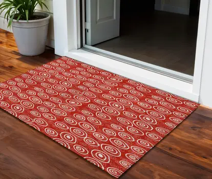 3' X 5' Red And Ivory Geometric Washable Indoor Outdoor Area Rug