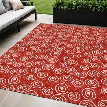 5' X 8' Red And Ivory Geometric Washable Indoor Outdoor Area Rug