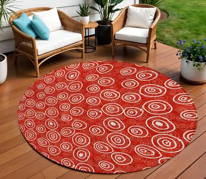8' Red And Ivory Round Geometric Washable Indoor Outdoor Area Rug