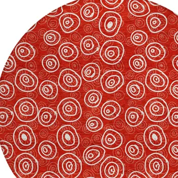 8' Red And Ivory Round Geometric Washable Indoor Outdoor Area Rug