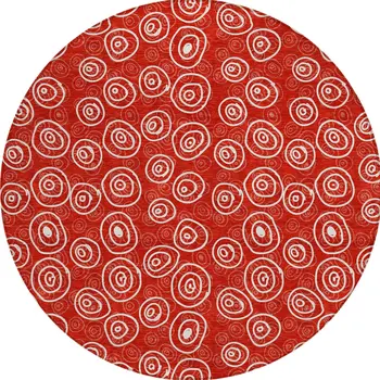 8' Red And Ivory Round Geometric Washable Indoor Outdoor Area Rug