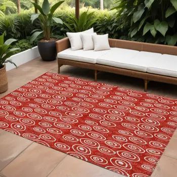 10' X 14' Red And Ivory Geometric Washable Indoor Outdoor Area Rug