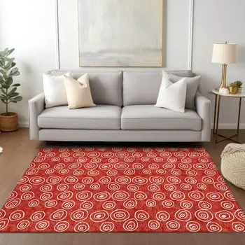 10' X 14' Red And Ivory Geometric Washable Indoor Outdoor Area Rug
