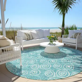 8' Teal Blue And Ivory Round Geometric Washable Indoor Outdoor Area Rug