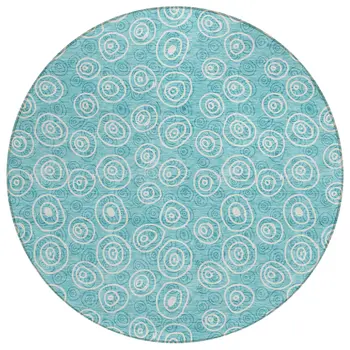 8' Teal Blue And Ivory Round Geometric Washable Indoor Outdoor Area Rug