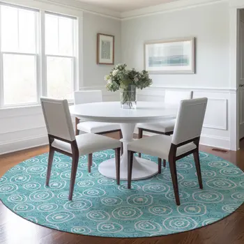 8' Teal Blue And Ivory Round Geometric Washable Indoor Outdoor Area Rug