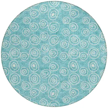 8' Teal Blue And Ivory Round Geometric Washable Indoor Outdoor Area Rug