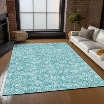 9' X 12' Teal Blue And Ivory Geometric Washable Indoor Outdoor Area Rug