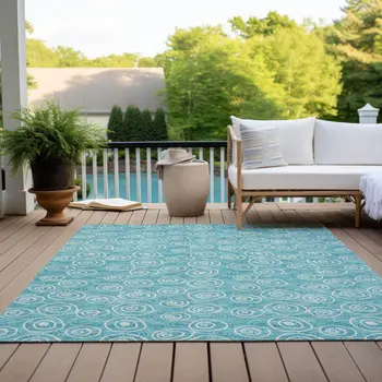10' X 14' Teal Blue And Ivory Geometric Washable Indoor Outdoor Area Rug