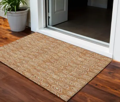 3' X 5' Terra Cotta Copper And Beige Geometric Washable Indoor Outdoor Area Rug