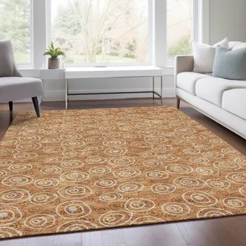 5' X 8' Terra Cotta Copper And Beige Geometric Washable Indoor Outdoor Area Rug