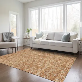5' X 8' Terra Cotta Copper And Beige Geometric Washable Indoor Outdoor Area Rug