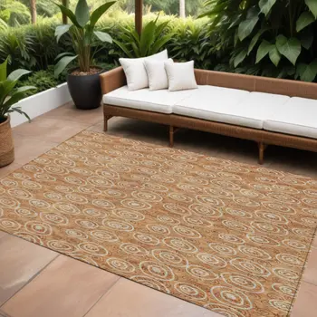 8' X 10' Terra Cotta Copper And Beige Geometric Washable Indoor Outdoor Area Rug