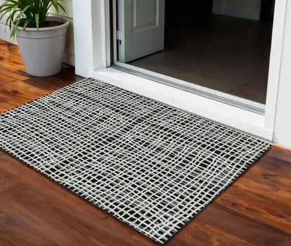 3' X 5' Black Gray And Ivory Striped Washable Indoor Outdoor Area Rug