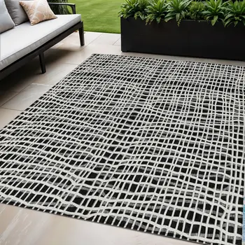 5' X 8' Black Gray And Ivory Striped Washable Indoor Outdoor Area Rug