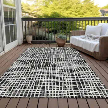 5' X 8' Black Gray And Ivory Striped Washable Indoor Outdoor Area Rug