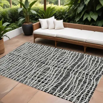 9' X 12' Black Gray And Ivory Striped Washable Indoor Outdoor Area Rug