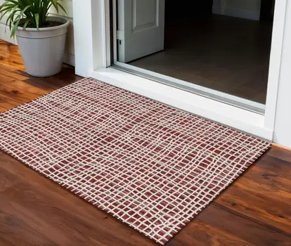 3' X 5' Burgundy And Ivory Striped Washable Indoor Outdoor Area Rug