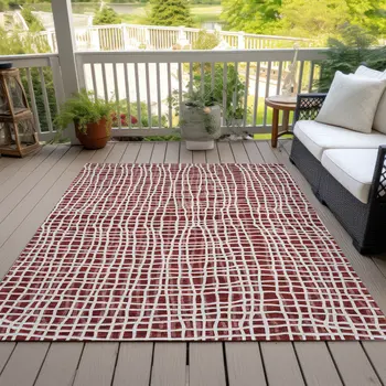 3' X 5' Burgundy And Ivory Striped Washable Indoor Outdoor Area Rug