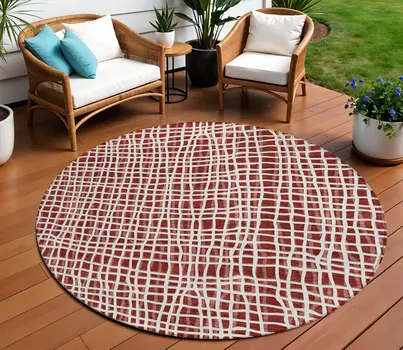 8' Burgundy And Ivory Round Striped Washable Indoor Outdoor Area Rug