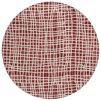 8' Burgundy And Ivory Round Striped Washable Indoor Outdoor Area Rug