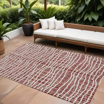 10' X 14' Burgundy And Ivory Striped Washable Indoor Outdoor Area Rug