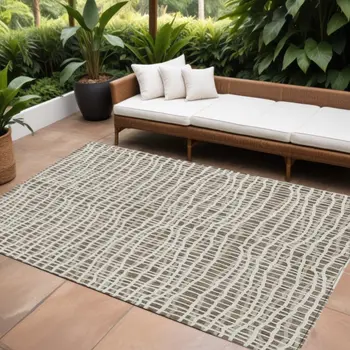 10' X 14' Brown Beige And Ivory Striped Washable Indoor Outdoor Area Rug