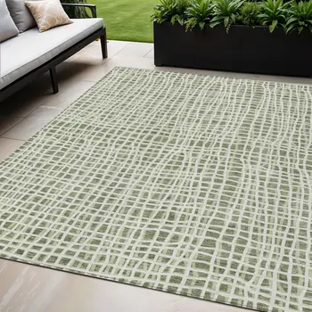 3' X 5' Green And Ivory Striped Washable Indoor Outdoor Area Rug